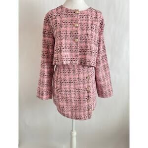TWEED MINI SKIRT AND JACKET BLAZER SET WOMENS PINK BLACK GOLD BUTTON 2 PIECE SET